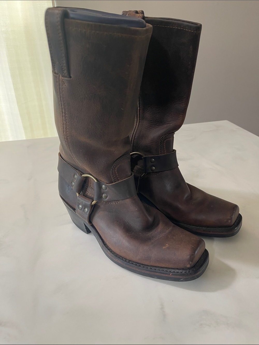 Frye Brown Leather Harness Cowboy Boots